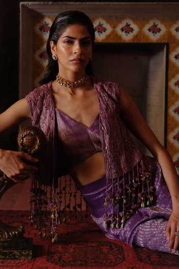 Alam By Tulsi Patel Purple Tissue V-neck Rutu Embroidered Jacket Pant Set at Aza Fashions Alam By Tulsi Patel_Purple Tissue V-neck Rutu Embroidered Jacket Pant Set _at_Aza_Fashions