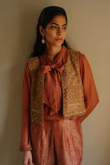 Alam By Tulsi Patel_Maroon Organza, Tissue Collared Neck Shami Zardozi Work Jacket Pant Set _Online_at_Aza_Fashions
