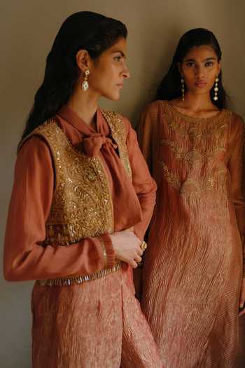 Buy_Alam By Tulsi Patel_Maroon Organza, Tissue Collared Neck Shami Zardozi Work Jacket Pant Set _Online_at_Aza_Fashions