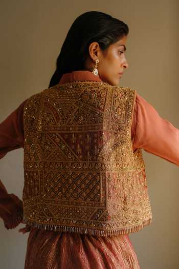Shop_Alam By Tulsi Patel_Maroon Organza, Tissue Collared Neck Shami Zardozi Work Jacket Pant Set _Online_at_Aza_Fashions