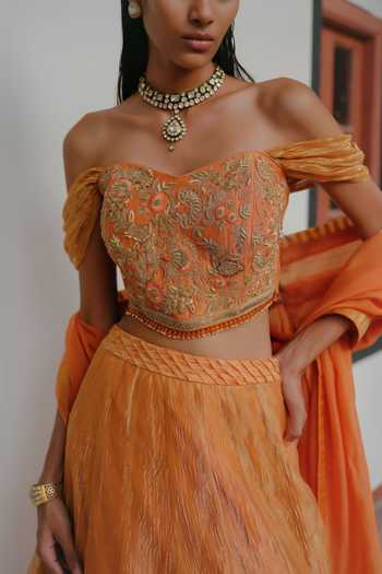 Buy Alam By Tulsi Patel Orange Tissue Off-shoulder Nalandi Zardozi Embroidered Blouse Lehenga Set Online at Aza Fashions Buy_Alam By Tulsi Patel_Orange Tissue Off-shoulder Nalandi Zardozi Embroidered Blouse Lehenga Set _Online_at_Aza_Fashions