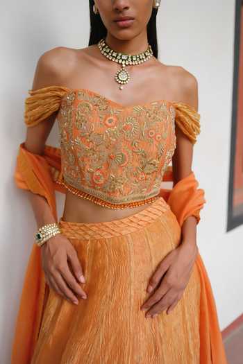 Shop Alam By Tulsi Patel Orange Tissue Off-shoulder Nalandi Zardozi Embroidered Blouse Lehenga Set Online at Aza Fashions Shop_Alam By Tulsi Patel_Orange Tissue Off-shoulder Nalandi Zardozi Embroidered Blouse Lehenga Set _Online_at_Aza_Fashions