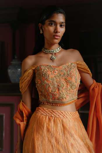 Alam By Tulsi Patel Orange Tissue Off-shoulder Nalandi Zardozi Embroidered Blouse Lehenga Set at Aza Fashions Alam By Tulsi Patel_Orange Tissue Off-shoulder Nalandi Zardozi Embroidered Blouse Lehenga Set _at_Aza_Fashions