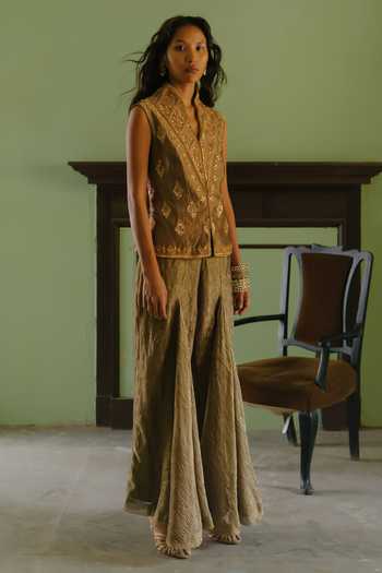 Alam By Tulsi Patel_Gold Tissue Mandarin Collar Chitra Embroidered Jacket And Flared Pant Set _Online_at_Aza_Fashions