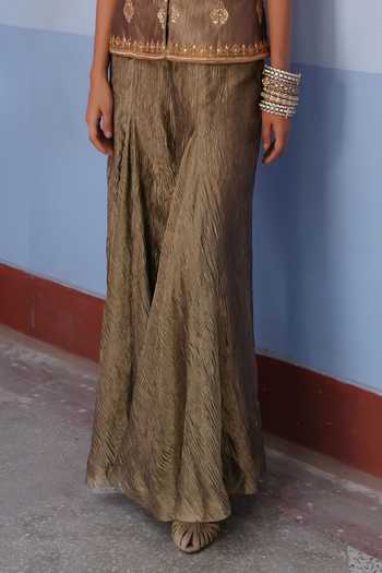 Buy_Alam By Tulsi Patel_Gold Tissue Mandarin Collar Chitra Embroidered Jacket And Flared Pant Set _Online_at_Aza_Fashions