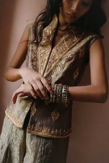 Shop_Alam By Tulsi Patel_Gold Tissue Mandarin Collar Chitra Embroidered Jacket And Flared Pant Set _Online_at_Aza_Fashions