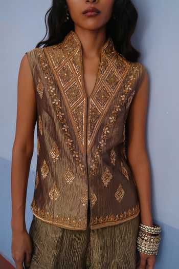 Alam By Tulsi Patel_Gold Tissue Mandarin Collar Chitra Embroidered Jacket And Flared Pant Set _at_Aza_Fashions