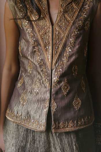 Buy_Alam By Tulsi Patel_Gold Tissue Mandarin Collar Chitra Embroidered Jacket And Flared Pant Set 