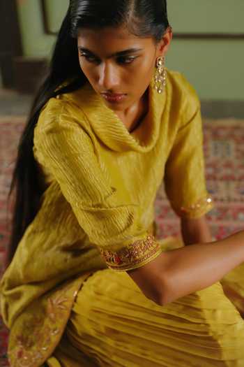 Alam By Tulsi Patel_Yellow Organza, Tissue Cowl Neck, Paroo Marodi Embroidered Kurta And Palazzo Set _Online_at_Aza_Fashions