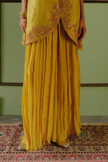 Buy_Alam By Tulsi Patel_Yellow Organza, Tissue Cowl Neck, Paroo Marodi Embroidered Kurta And Palazzo Set _Online_at_Aza_Fashions