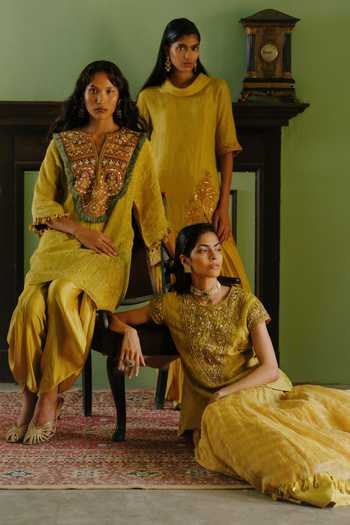 Shop_Alam By Tulsi Patel_Yellow Organza, Tissue Cowl Neck, Paroo Marodi Embroidered Kurta And Palazzo Set _Online_at_Aza_Fashions