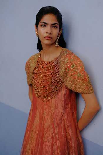 Alam By Tulsi Patel_Orange Tissue Round Neck Sawli Embroidered Kurta And Pant Set _Online_at_Aza_Fashions