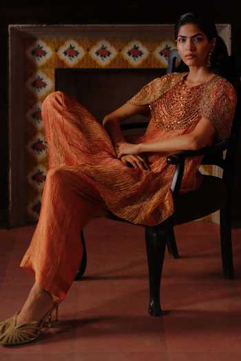 Buy_Alam By Tulsi Patel_Orange Tissue Round Neck Sawli Embroidered Kurta And Pant Set _Online_at_Aza_Fashions