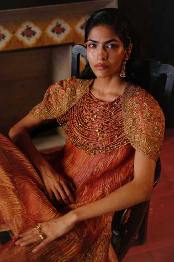 Shop_Alam By Tulsi Patel_Orange Tissue Round Neck Sawli Embroidered Kurta And Pant Set _Online_at_Aza_Fashions