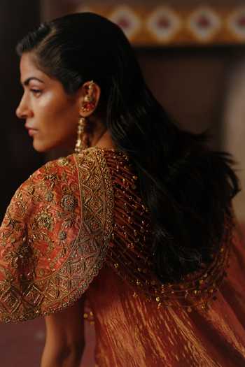 Alam By Tulsi Patel_Orange Tissue Round Neck Sawli Embroidered Kurta And Pant Set _at_Aza_Fashions
