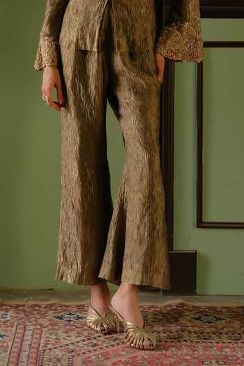 Alam By Tulsi Patel_Gold Tissue Open Neck Padma Embroidered Jacket And Pant Set _Online_at_Aza_Fashions