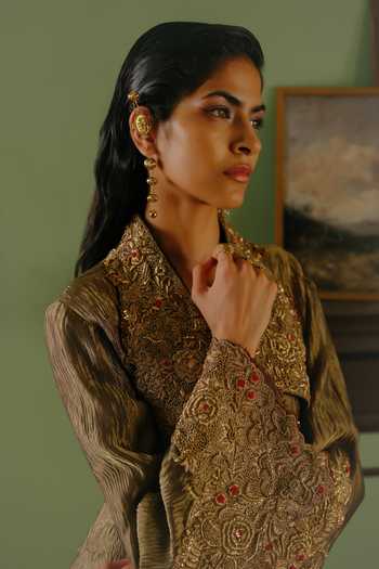 Buy_Alam By Tulsi Patel_Gold Tissue Open Neck Padma Embroidered Jacket And Pant Set _Online_at_Aza_Fashions