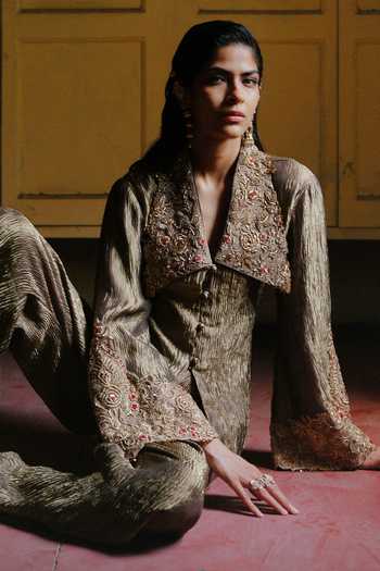 Alam By Tulsi Patel_Gold Tissue Open Neck Padma Embroidered Jacket And Pant Set _at_Aza_Fashions