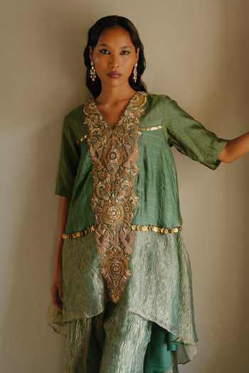 Buy_Alam By Tulsi Patel_Green Tissue V-neck, Yes Preet Marodi Embroidered Kurta And Palazzo Set _Online_at_Aza_Fashions