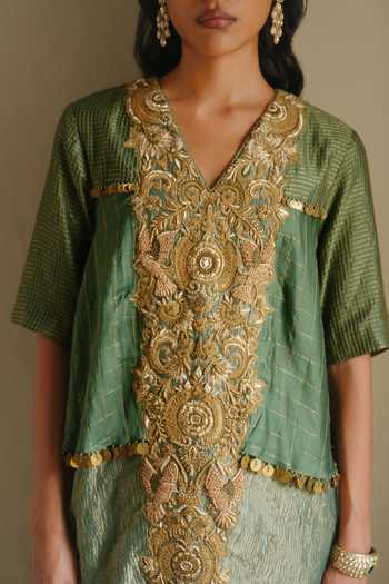 Shop_Alam By Tulsi Patel_Green Tissue V-neck, Yes Preet Marodi Embroidered Kurta And Palazzo Set _Online_at_Aza_Fashions