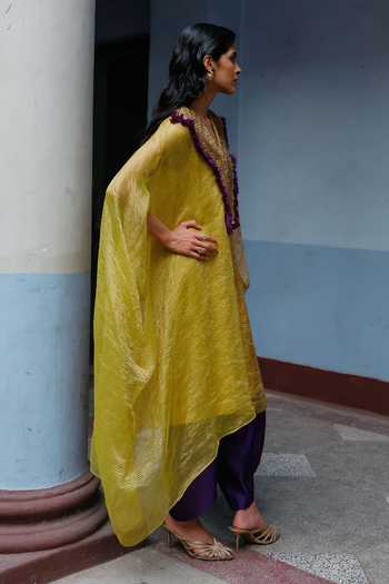 Alam By Tulsi Patel_Yellow Silk, Tissue V-neck Vrinda Panelled Kaftan And Dhoti Pant Set _Online_at_Aza_Fashions