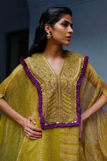 Buy_Alam By Tulsi Patel_Yellow Silk, Tissue V-neck Vrinda Panelled Kaftan And Dhoti Pant Set _Online_at_Aza_Fashions