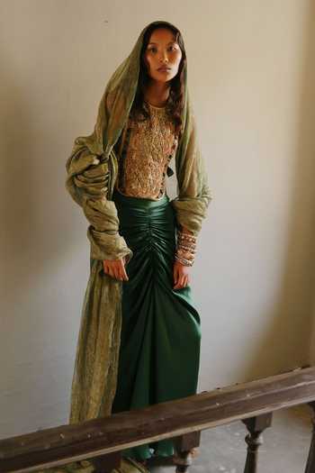 Alam By Tulsi Patel_Green Silk, Tissue High Neck Rajvi Embroidered Bib Top Skirt Set _Online_at_Aza_Fashions