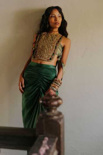 Buy_Alam By Tulsi Patel_Green Silk, Tissue High Neck Rajvi Embroidered Bib Top Skirt Set _Online_at_Aza_Fashions