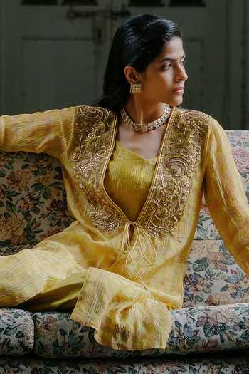Alam By Tulsi Patel_Yellow Silk, Tissue Open , Square Rukmani Embroidered Jacket Pant Set _Online_at_Aza_Fashions