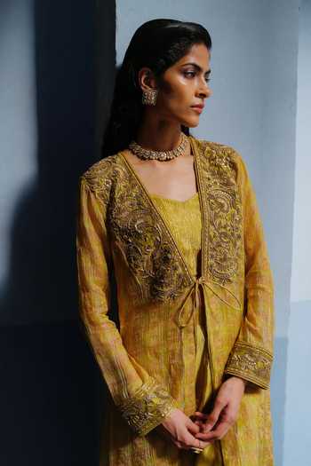 Buy_Alam By Tulsi Patel_Yellow Silk, Tissue Open , Square Rukmani Embroidered Jacket Pant Set _Online_at_Aza_Fashions
