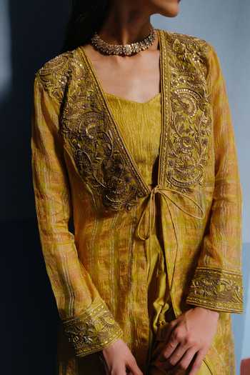 Shop_Alam By Tulsi Patel_Yellow Silk, Tissue Open , Square Rukmani Embroidered Jacket Pant Set _Online_at_Aza_Fashions
