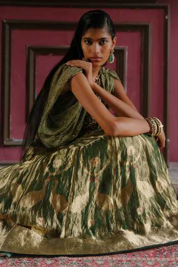 Alam By Tulsi Patel_Green Tissue Scoop Neck Uttra Embroidered Blouse And Lehenga Set _Online_at_Aza_Fashions