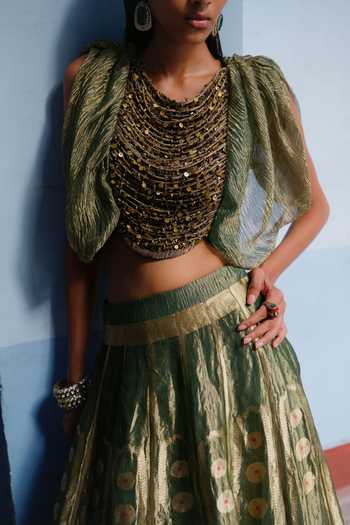 Buy_Alam By Tulsi Patel_Green Tissue Scoop Neck Uttra Embroidered Blouse And Lehenga Set _Online_at_Aza_Fashions