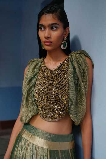 Shop_Alam By Tulsi Patel_Green Tissue Scoop Neck Uttra Embroidered Blouse And Lehenga Set _Online_at_Aza_Fashions