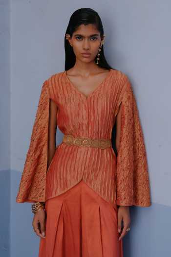 Buy Alam By Tulsi Patel Orange Tissue V-neck Meera Embroidered Jacket And Pant Set Online at Aza Fashions Buy_Alam By Tulsi Patel_Orange Tissue V-neck Meera Embroidered Jacket And Pant Set _Online_at_Aza_Fashions