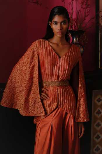 Shop Alam By Tulsi Patel Orange Tissue V-neck Meera Embroidered Jacket And Pant Set Online at Aza Fashions Shop_Alam By Tulsi Patel_Orange Tissue V-neck Meera Embroidered Jacket And Pant Set _Online_at_Aza_Fashions