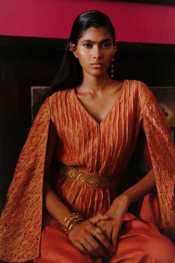 Alam By Tulsi Patel Orange Tissue V-neck Meera Embroidered Jacket And Pant Set at Aza Fashions Alam By Tulsi Patel_Orange Tissue V-neck Meera Embroidered Jacket And Pant Set _at_Aza_Fashions