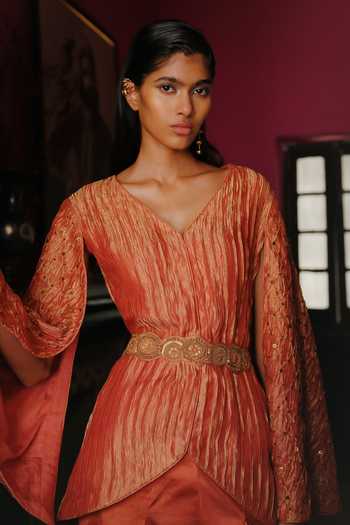 Buy Alam By Tulsi Patel Orange Tissue V-neck Meera Embroidered Jacket And Pant Set Buy_Alam By Tulsi Patel_Orange Tissue V-neck Meera Embroidered Jacket And Pant Set