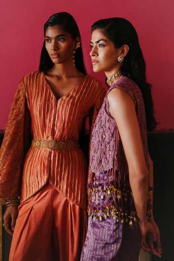 Shop Alam By Tulsi Patel Orange Tissue V-neck Meera Embroidered Jacket And Pant Set Shop_Alam By Tulsi Patel_Orange Tissue V-neck Meera Embroidered Jacket And Pant Set