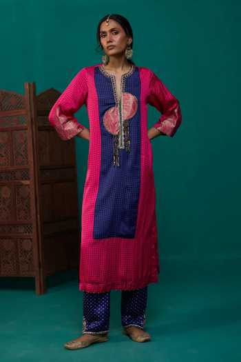 Buy Neitri Fuchsia Silk Split V-neck, Yes Gauri Bandhani Print Kurta And Pant Set Online at Aza Fashions Buy_Neitri_Fuchsia Silk Split V-neck, Yes Gauri Bandhani Print Kurta And Pant Set _Online_at_Aza_Fashions