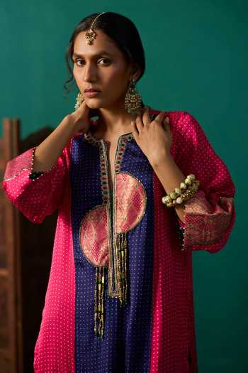 Shop Neitri Fuchsia Silk Split V-neck, Yes Gauri Bandhani Print Kurta And Pant Set Shop_Neitri_Fuchsia Silk Split V-neck, Yes Gauri Bandhani Print Kurta And Pant Set