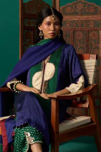 Shop Neitri Green Silk Split V-neck Girija Bandhani Print Kurta And Pant Set Online at Aza Fashions Shop_Neitri_Green Silk Split V-neck Girija Bandhani Print Kurta And Pant Set _Online_at_Aza_Fashions
