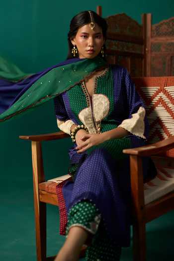 Neitri Green Silk Split V-neck Girija Bandhani Print Kurta And Pant Set at Aza Fashions Neitri_Green Silk Split V-neck Girija Bandhani Print Kurta And Pant Set _at_Aza_Fashions