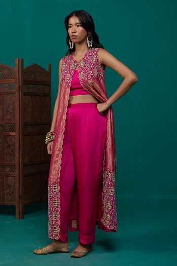 Neitri Fuchsia Silk, Georgette, Satin, Brocade Open Madhavi Embroidered Jacket Pant Set Online at Aza Fashions Neitri_Fuchsia Silk, Georgette, Satin, Brocade Open Madhavi Embroidered Jacket Pant Set _Online_at_Aza_Fashions