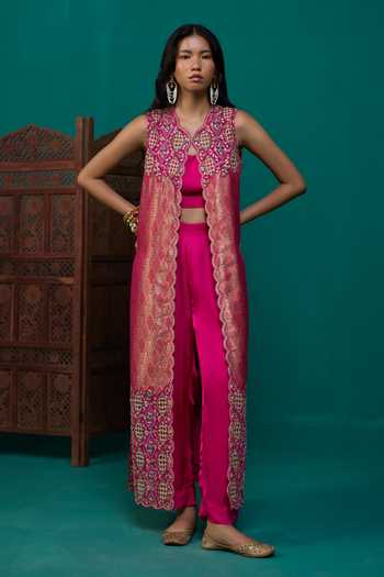 Buy Neitri Fuchsia Silk, Georgette, Satin, Brocade Open Madhavi Embroidered Jacket Pant Set Online at Aza Fashions Buy_Neitri_Fuchsia Silk, Georgette, Satin, Brocade Open Madhavi Embroidered Jacket Pant Set _Online_at_Aza_Fashions