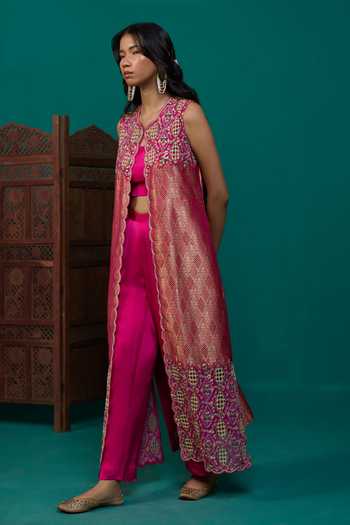 Shop Neitri Fuchsia Silk, Georgette, Satin, Brocade Open Madhavi Embroidered Jacket Pant Set Online at Aza Fashions Shop_Neitri_Fuchsia Silk, Georgette, Satin, Brocade Open Madhavi Embroidered Jacket Pant Set _Online_at_Aza_Fashions