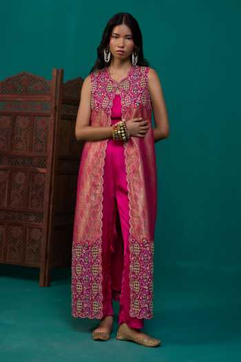 Neitri Fuchsia Silk, Georgette, Satin, Brocade Open Madhavi Embroidered Jacket Pant Set at Aza Fashions Neitri_Fuchsia Silk, Georgette, Satin, Brocade Open Madhavi Embroidered Jacket Pant Set _at_Aza_Fashions