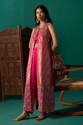 Buy Neitri Fuchsia Silk, Georgette, Satin, Brocade Open Madhavi Embroidered Jacket Pant Set Buy_Neitri_Fuchsia Silk, Georgette, Satin, Brocade Open Madhavi Embroidered Jacket Pant Set