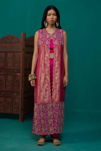Shop Neitri Fuchsia Silk, Georgette, Satin, Brocade Open Madhavi Embroidered Jacket Pant Set Shop_Neitri_Fuchsia Silk, Georgette, Satin, Brocade Open Madhavi Embroidered Jacket Pant Set
