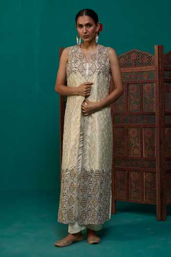 Neitri Beige Silk, Georgette, Satin, Brocade Mogra Embroidered Jacket Pant Set Online at Aza Fashions Neitri_Beige Silk, Georgette, Satin, Brocade Mogra Embroidered Jacket Pant Set _Online_at_Aza_Fashions